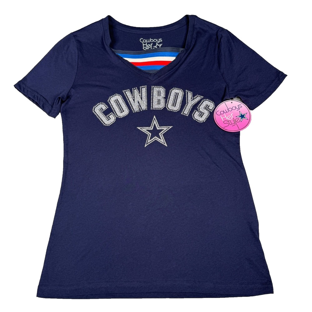 Dallas Cowboys Her Style T Shirt Womens Small Navy Blue NFL Rhinestone Bling NWT